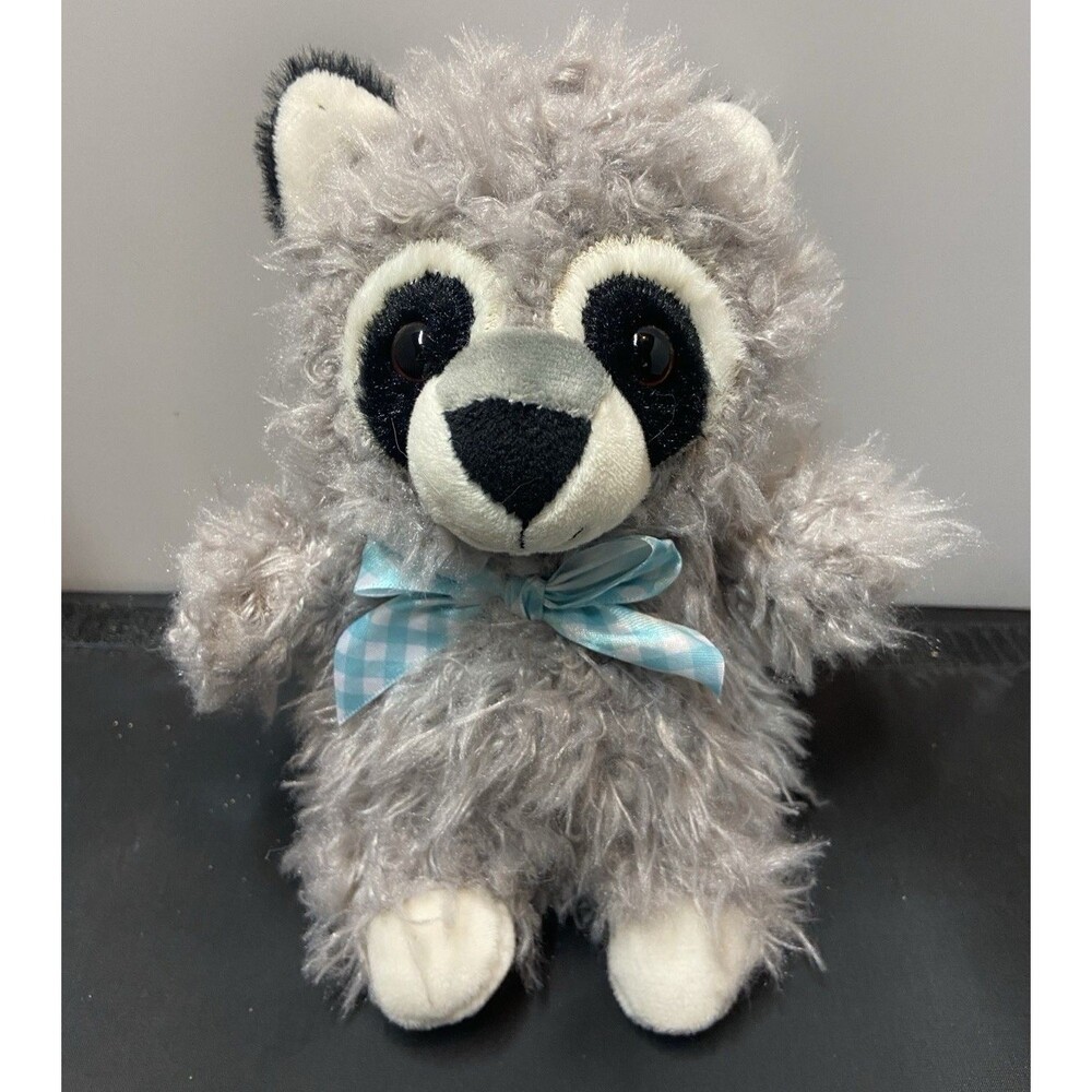 Walmart Shaggy Racoon Stuffed Animal Plush 8 in Blue Gingham Tie Brown Eyes
